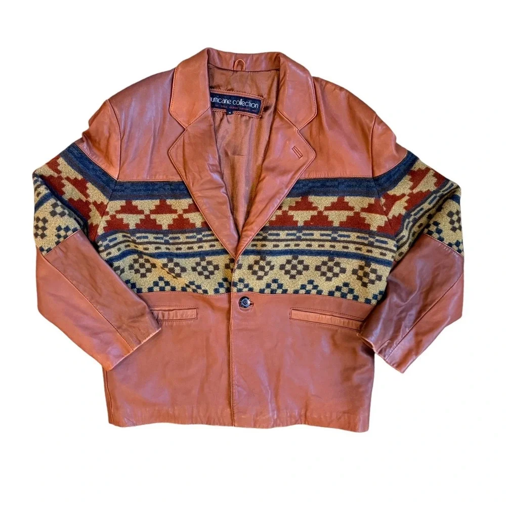 Hurricane Collection Men Butter Soft Leather Southwest Tapestry Blazer‎ Jacket M